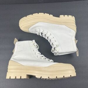 Everlane The Canvas Utility Boot 8.5 White Tan Lace Up Combat Bootie Womens